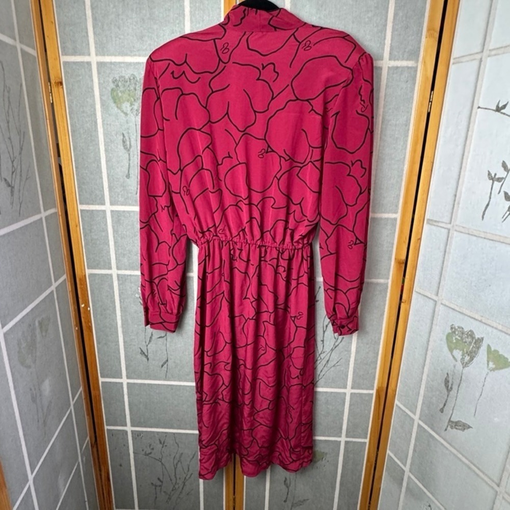 J.J. Dean of California Vintage 80s Pink Black Abstract Floral Bow Midi Dress 16 - Picture 6 of 6